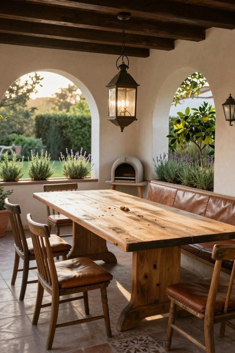 Covered outdoor terrace with a long rectangular wooden dining table, wooden chairs with leather cushions, built-in leather bench, hanging lantern, pizza oven, and arched openings to a garden with potted plants and lavender.