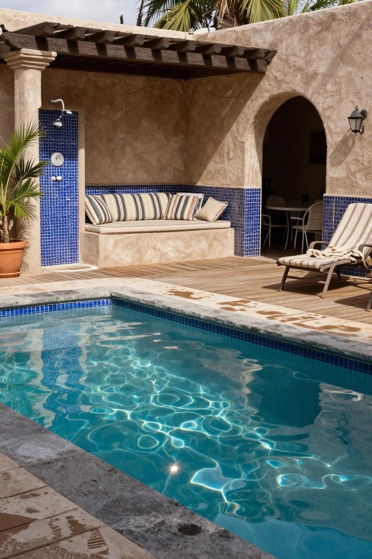 Small rectangular pool with blue mosaic tiles, adjacent blue-tiled outdoor shower, built-in cushioned bench seating, potted palm plants, lounge chair, and adobe walls with wooden pergola in a courtyard setting.