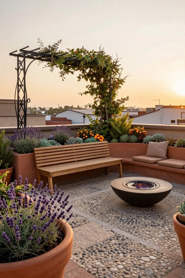 Rooftop terrace with central round fire pit, wooden bench against curved terracotta wall with cushions, potted lavender and succulents, climbing vines on black metal arbor, pebble flooring, at sunset over rooftops.