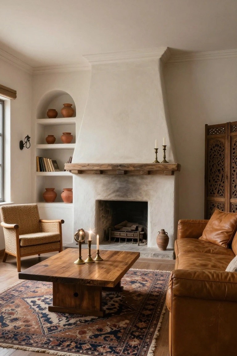 Cozy living room with white plaster fireplace, wooden coffee table, and leather sofa.