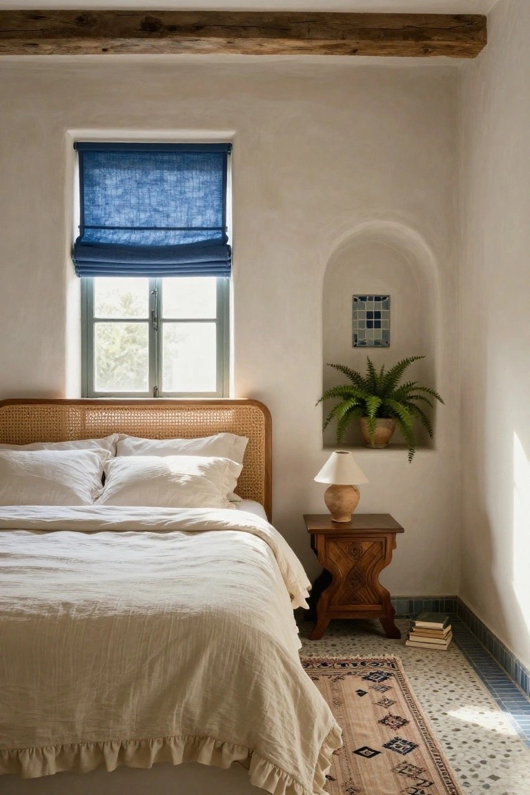 Bedroom interior with rattan headboard bed dressed in white linen sheets, wooden nightstand holding a terracotta lamp, blue linen window shade, arched wall niche containing a potted fern and blue tile artwork, exposed wooden ceiling beams, and a patterned rug on tiled floor.