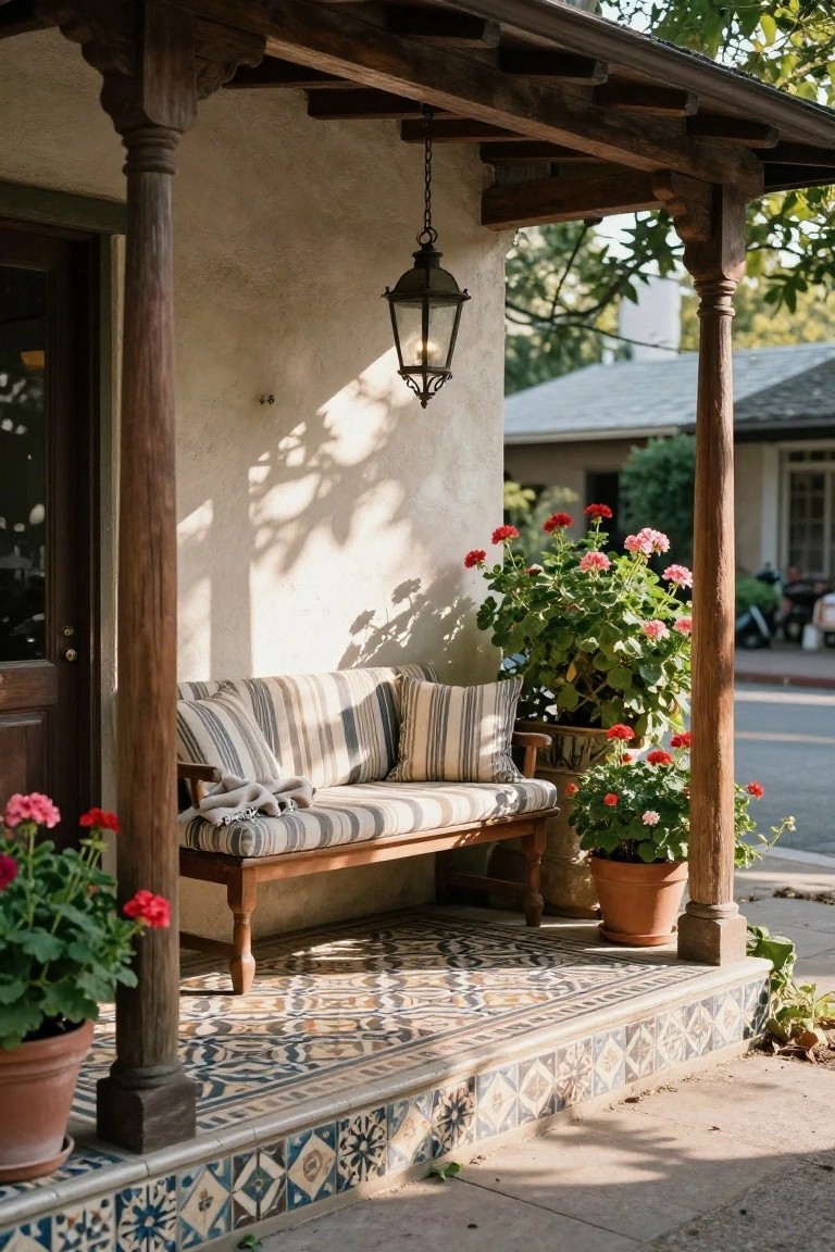 Covered porch with wooden posts and beams, adobe walls, a wooden bench with striped cushions and throw, multiple potted red geraniums, hanging lantern, wooden door, and colorful tiled steps.