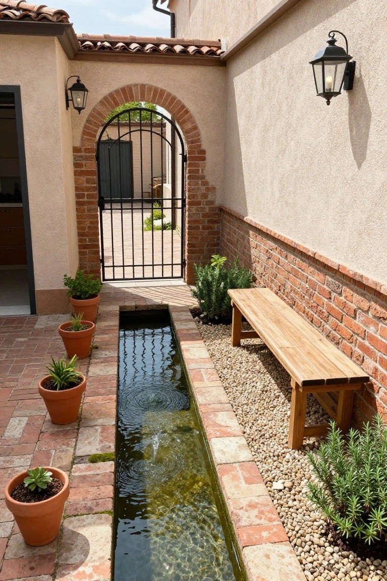 Narrow rectangular water channel with gentle ripples running alongside a brick pathway in a courtyard, lined with terracotta pots of plants, a wooden bench, pebble ground cover, rosemary shrubs, beige stucco and brick walls, and an arched black wrought-iron gate.