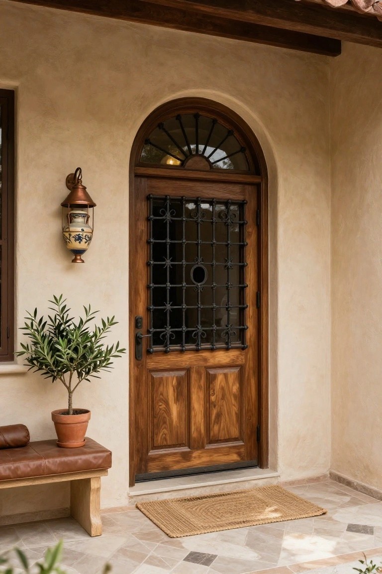 Front entrance of an Old Spanish style home featuring a wooden door with wrought iron grille, arched transom window, copper lantern light, potted olive tree, leather bench, and woven mat on a stucco porch with tiled floor.