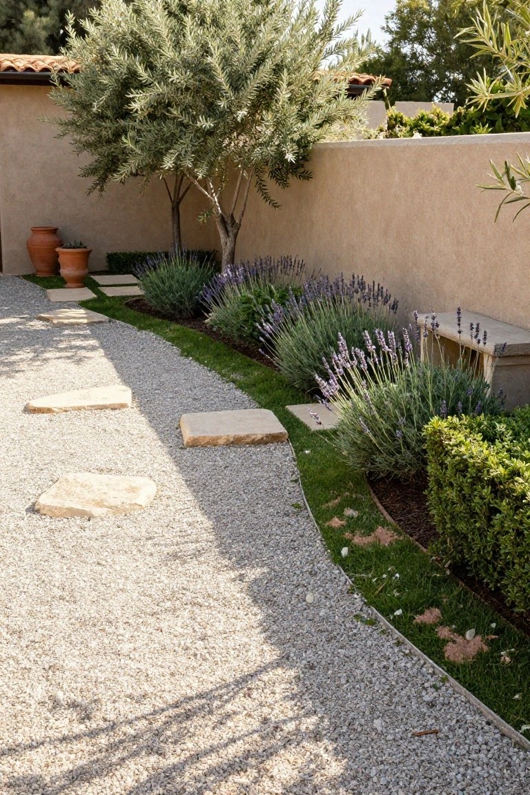 Curved gravel pathway lined with lavender plants, low hedges, and stone steps in a stucco-walled garden with olive tree, terracotta pots, and wooden bench.