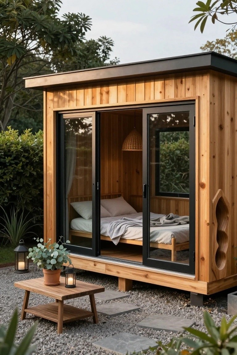 Small elevated wooden cabin with black-framed sliding glass doors open to show a bed inside, surrounded by garden plants, lanterns, and a wooden side table on gravel paving.