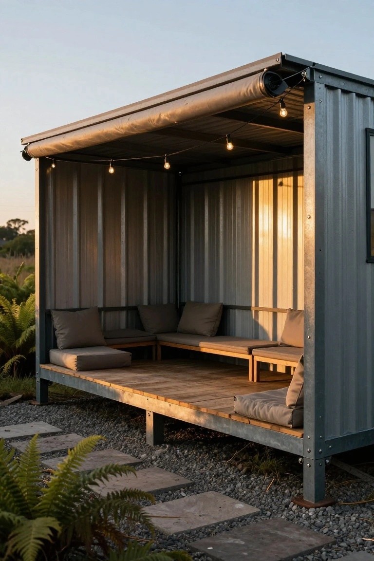 Corrugated gray metal pavilion shelter on wooden deck with L-shaped built-in benches, beige cushions, string lights, roll-up awning, ferns, stone steps, and gravel ground at sunset.