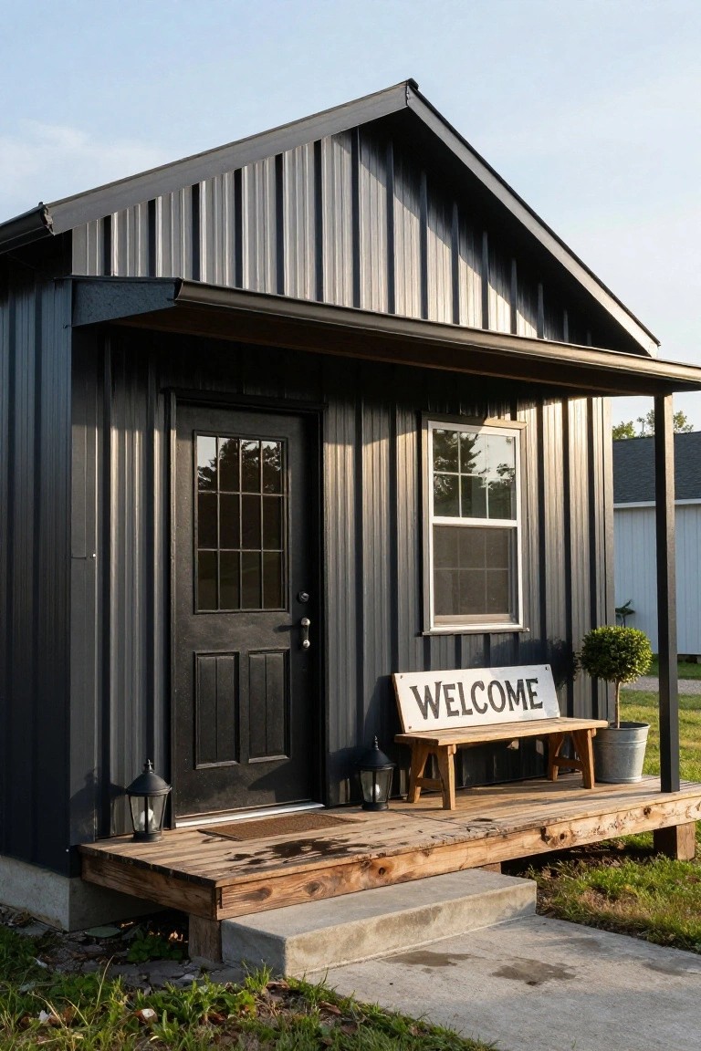Small gable-roofed black corrugated metal building with protruding wooden porch, black paneled door, side window, wooden bench, welcome sign, lanterns, potted plant, and metal bucket on a concrete base with grass nearby.