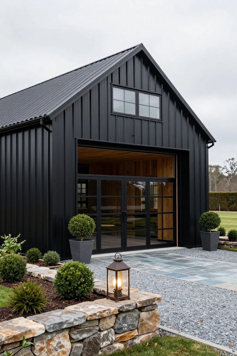 Black metal-clad gable-roof garage building with large open wood-framed glass doors, flanked by potted boxwood shrubs, a stone retaining wall, gravel path, and lantern light.