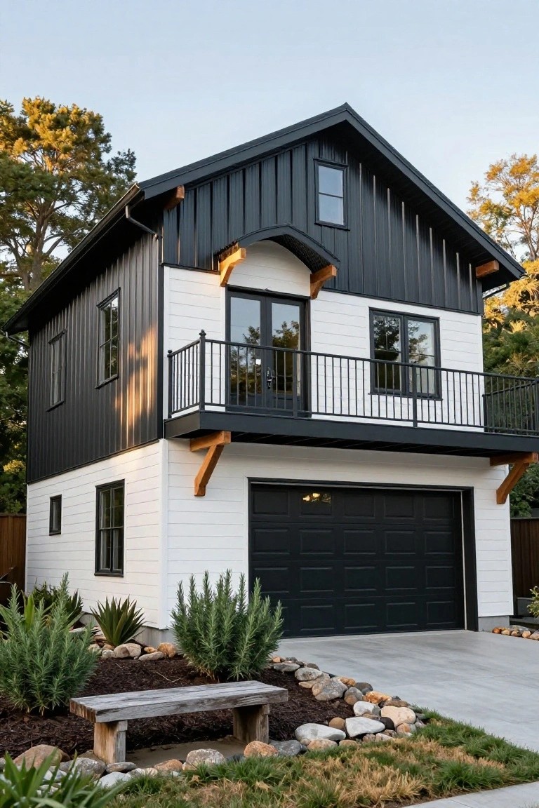 Two-story house with black corrugated metal roof and upper siding, white shiplap lower siding and garage door, second-floor balcony with railing, and front landscaping of rocks, plants, and a wood bench.