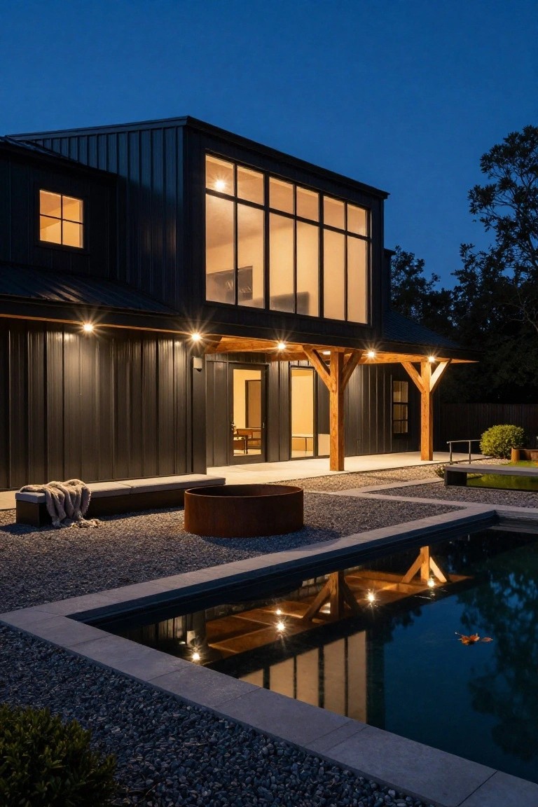 Evening photo of a two-story black corrugated metal house exterior with large windows, wooden porch posts, open doors, gravel patio, metal fire pit, bench, and rectangular reflecting pool edged in stone.