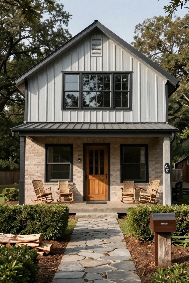 Front view of a modern farmhouse-style house with light gray vertical board-and-batten siding, black standing-seam metal gable roof, black-framed windows, tan brick base on porch sides, wooden front door, covered porch with two wicker rocking chairs, irregular stone walkway lined by boxwood hedges, stacked firewood, and rustic wooden mailbox post.