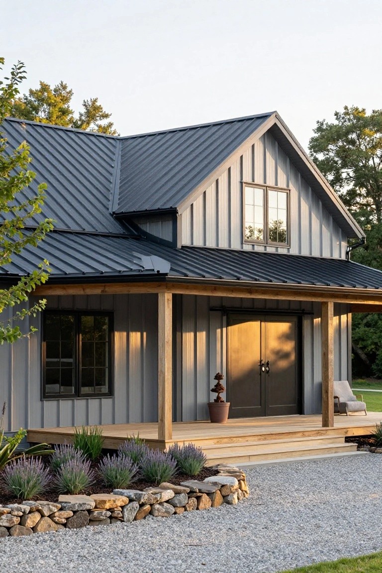Gray vertical board-and-batten sided house with dark ribbed metal roof, wooden porch supporting a sliding barn door entry, potted plant and chair on porch, lavender plantings in rock-edged bed, and gravel driveway.