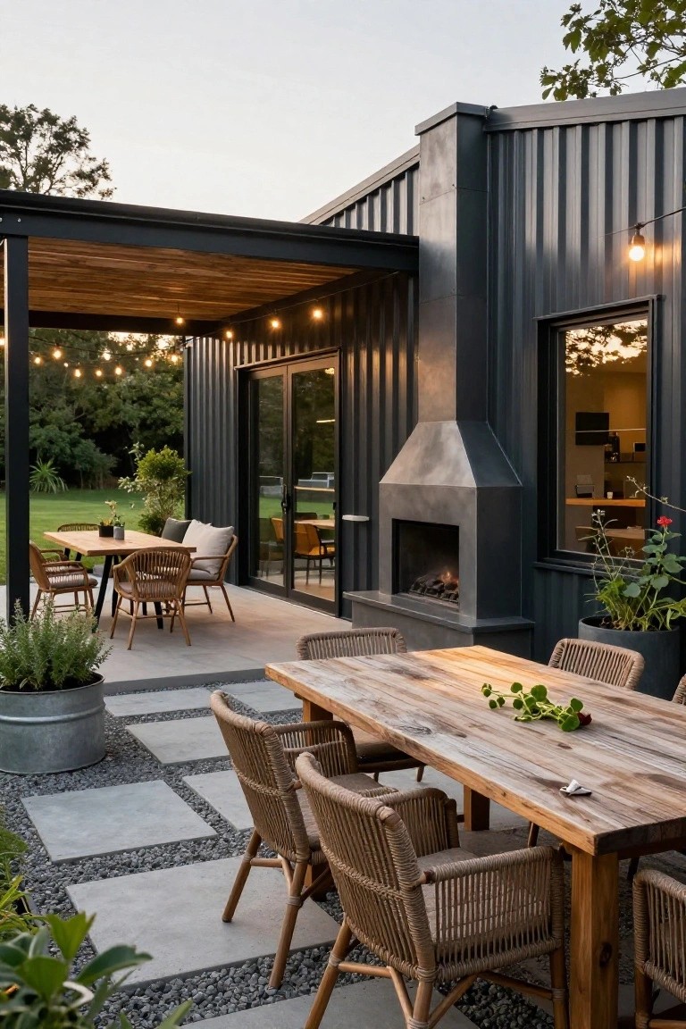 Dark corrugated metal building with wooden pergola cover over a concrete paver patio, featuring rattan dining chairs around a wooden table, potted plants, string lights, and a built-in linear gas fireplace on the exterior wall next to sliding glass doors.