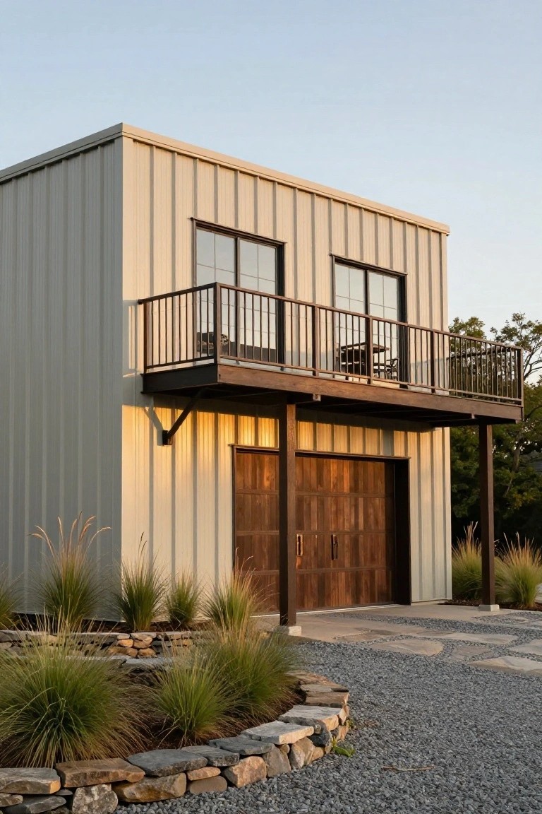 Light gray corrugated metal-sided two-story building with cantilevered upper balcony, black railing, wooden deck furniture, wooden garage door, ornamental grasses, stone edging, and gravel path.