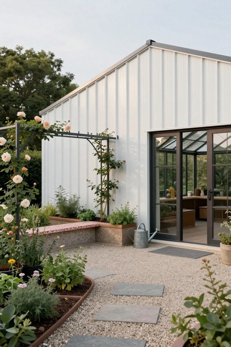Corner of a white corrugated metal building with large black metal-framed glass doors, a black metal arch covered in pink climbing roses next to it, gravel ground with stone paver path, raised brick-edged flower beds containing various plants, a terracotta bench, potted plants, and a metal watering can.