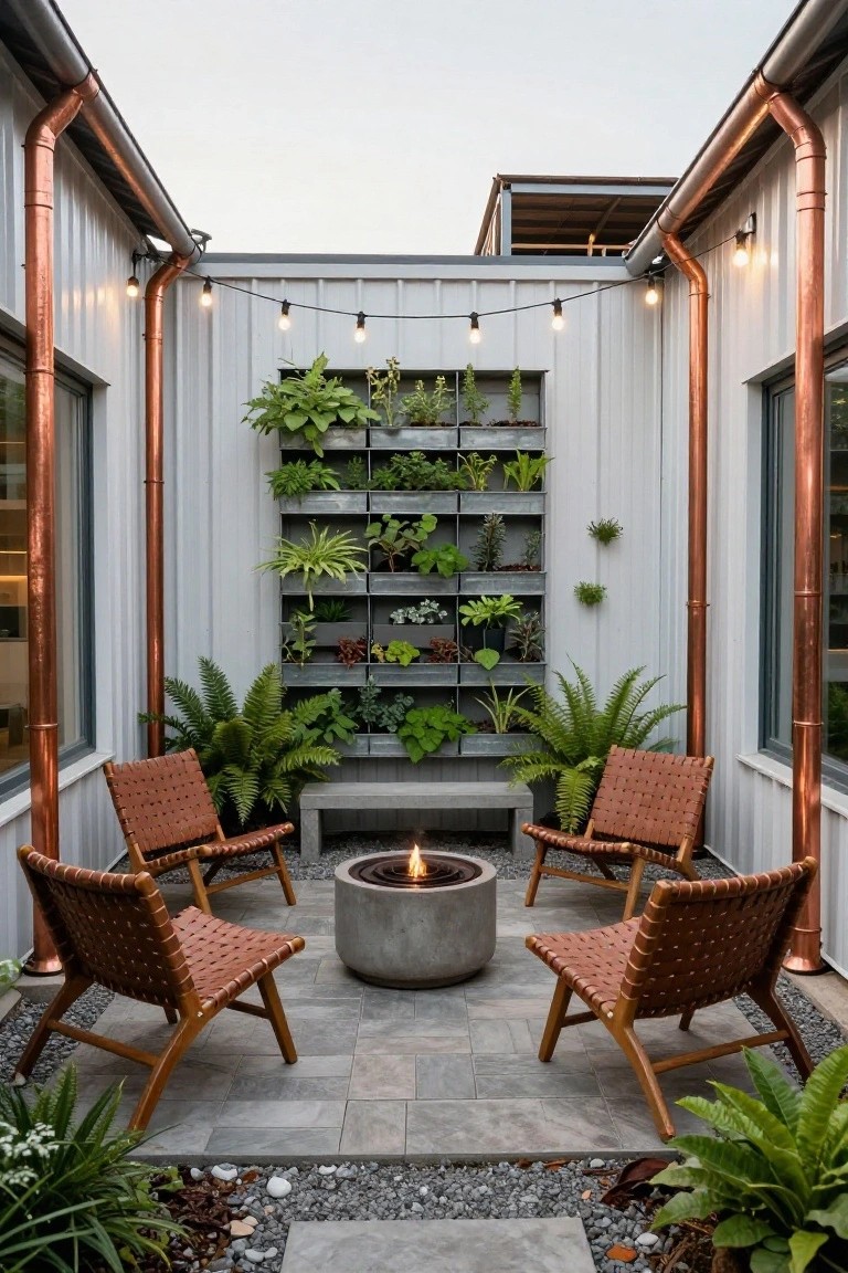Narrow outdoor courtyard enclosed by white metal walls and copper downspouts, with vertical metal shelves holding various green plants, four tan woven leather chairs around a lit concrete fire pit on gray tile pavers, string lights strung above, and potted ferns nearby.