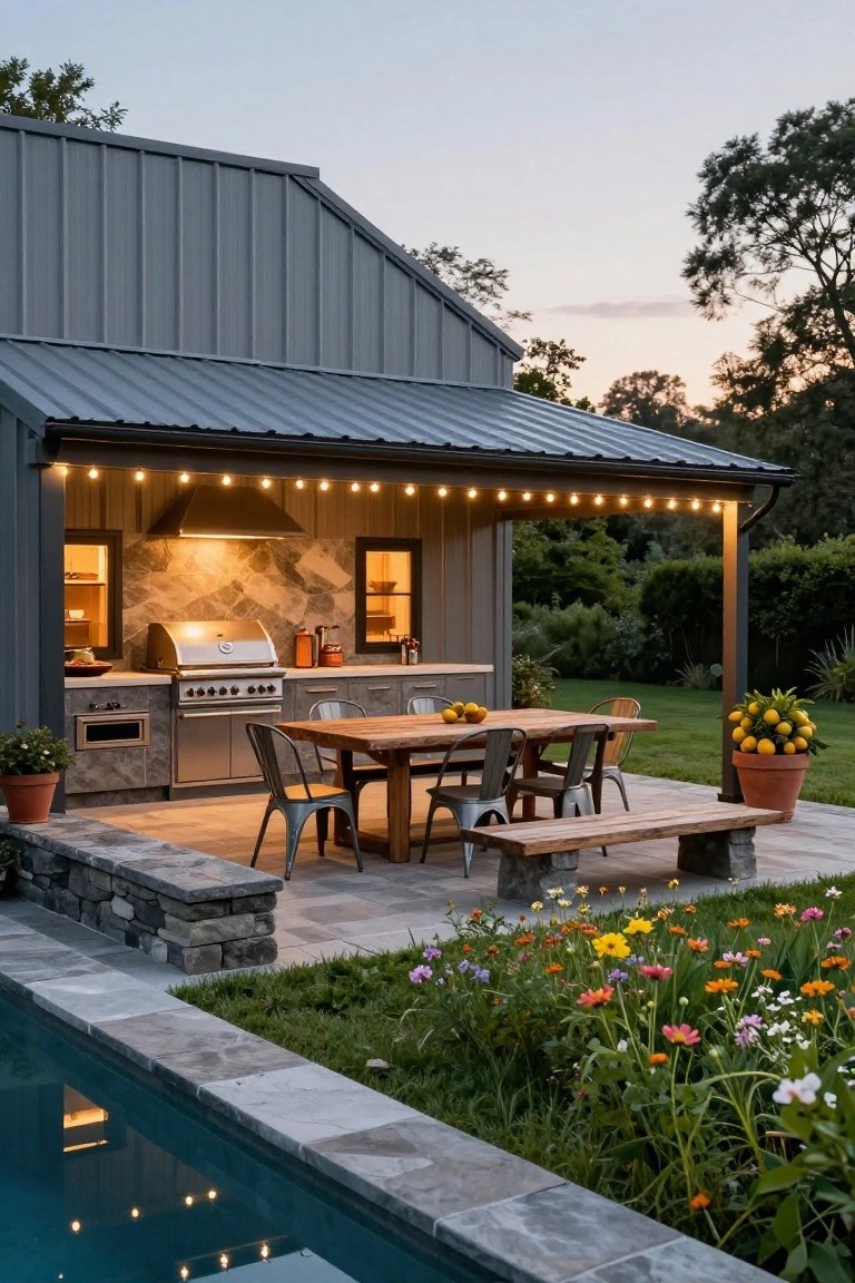 Gray metal barn-style building with covered outdoor kitchen featuring stainless steel grill, gray cabinets, wooden dining table and benches with metal chairs, string lights overhead, potted plants, stone retaining wall, adjacent to pool and flower garden at dusk.