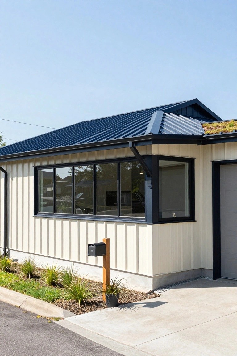 Side exterior view of a single-story garage with creamy vertical shiplap siding, navy blue standing-seam metal roof, large black-framed windows, open garage door, mailbox on wooden post, and low landscaping along the concrete driveway.