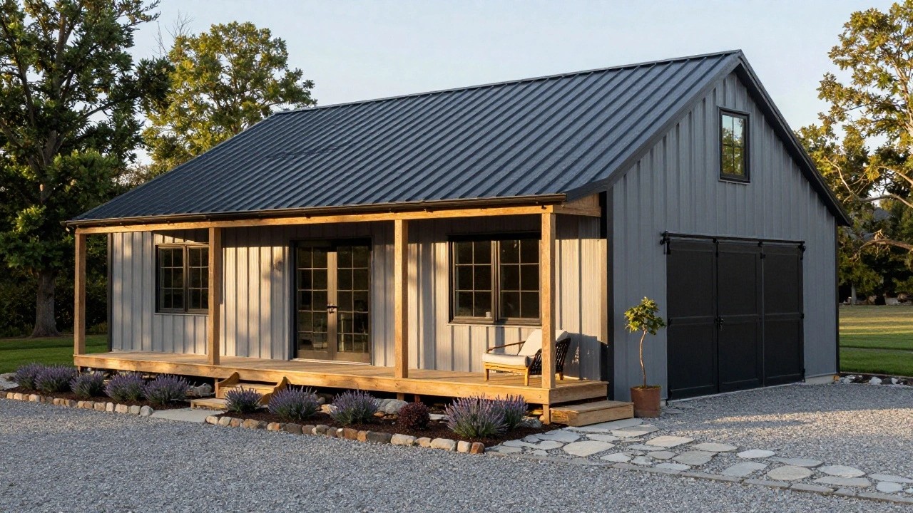 Gray vertical board-and-batten sided house with dark ribbed metal roof, wooden porch supporting a sliding barn door entry, potted plant and chair on porch, lavender plantings in rock-edged bed, and gravel driveway.