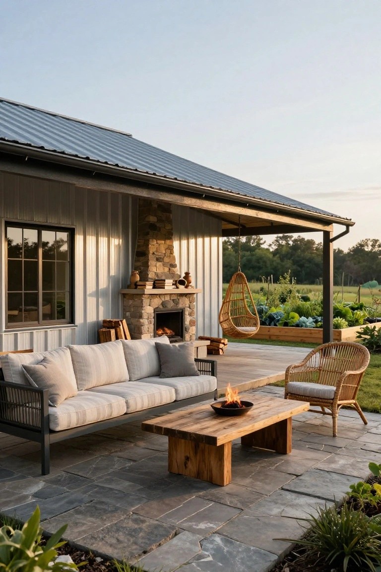 Gray metal building with corrugated siding and covered porch featuring a stacked stone outdoor fireplace with fire lit, gray modular sofa, low wooden coffee table with metal fire bowl, hanging woven swing, and rattan armchair on dark slate pavers next to raised garden beds and greenery.