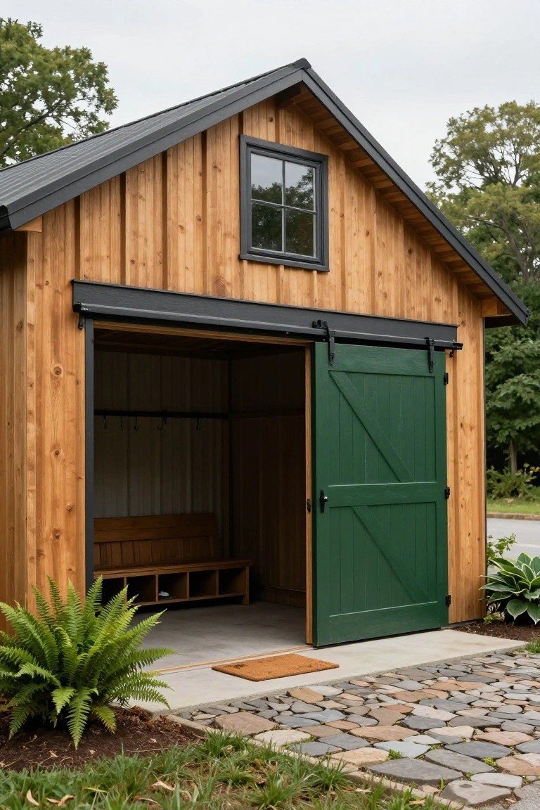 Wooden shed with vertical board siding, black metal roof, and large open green sliding barn door revealing interior wooden bench and shelves, next to plants and a stone path.