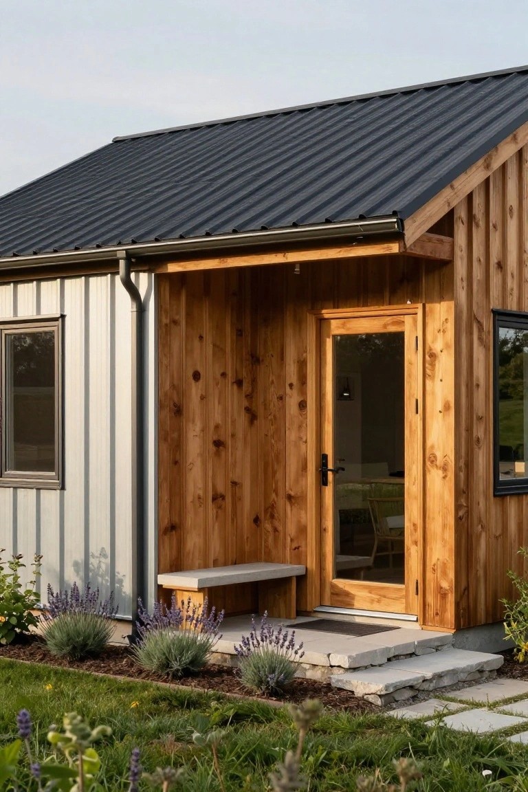 Exterior view of a small building with gray corrugated metal siding on the left, wood shingle siding and covered porch on the right, featuring a wood-framed glass entry door, concrete bench, lavender plants, and stone steps in a grassy yard.