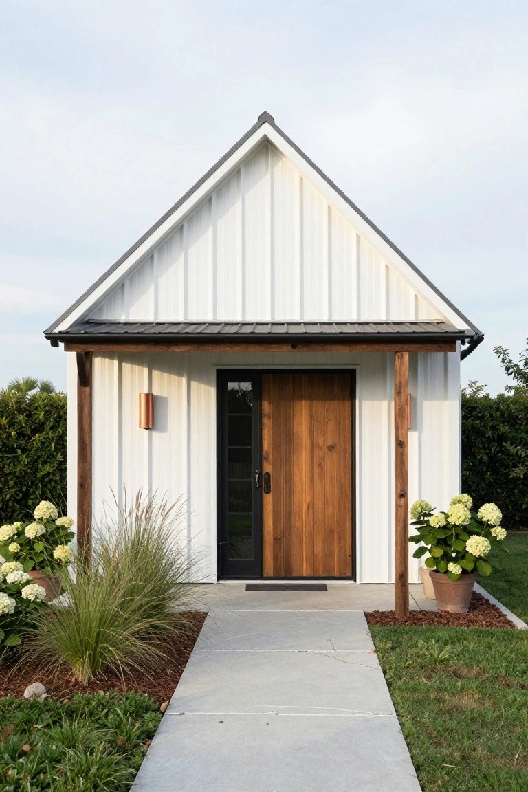 Small gable-roofed white metal-sided building with vertical siding, covered wooden porch supported by timber posts, dark wood entry door with glass panels, copper wall light, concrete walkway, and potted hydrangeas and grasses nearby.