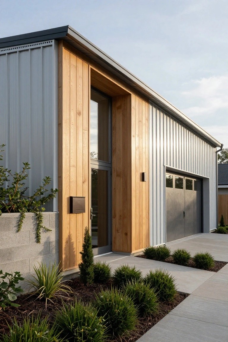 Side exterior of a single-story house with gray corrugated metal siding, vertical wood cladding framing a tall entry door and window, gray metal garage door, concrete path, and low plantings around the base.