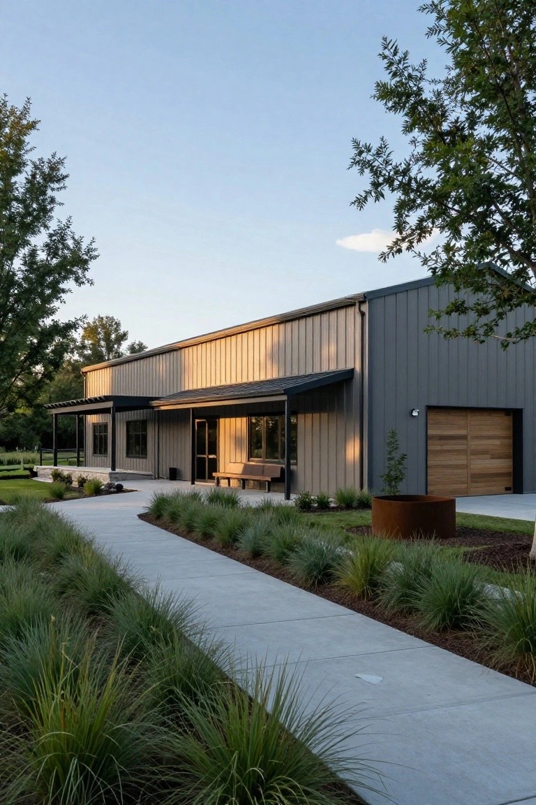 Exterior of a modern metal building home featuring gray siding, a wooden garage door, covered entry porch with bench, concrete pathway, and ornamental grasses in the landscaping.