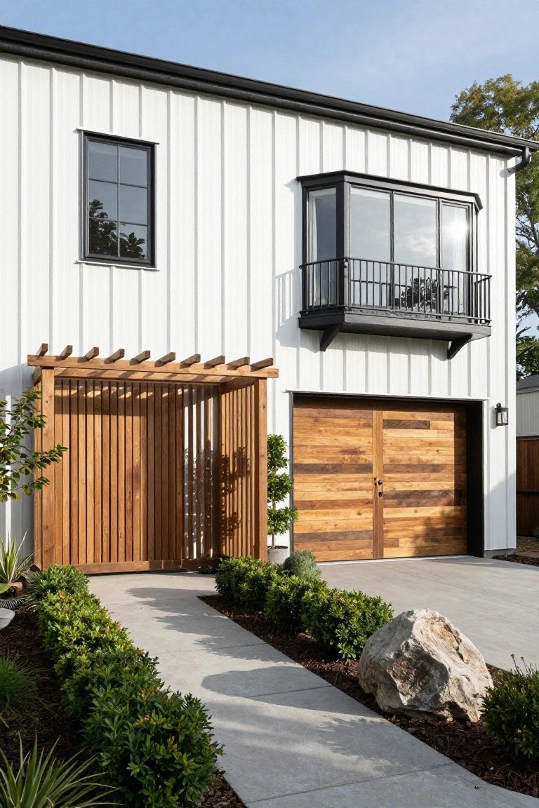 Front view of a two-story white vertical metal-sided house with black window trim, a second-floor black metal balcony, wooden slatted pergola gate, shiplap wood garage doors, concrete path, boxwood shrubs, and a large boulder in the landscaping.