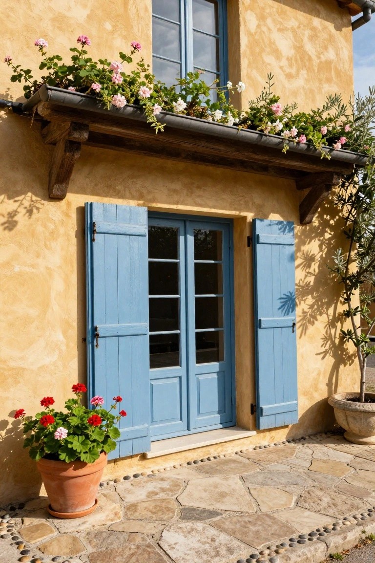 Yellow ochre stucco house facade with open blue shutters framing a blue double door, pink flower boxes on the window above, red geraniums in a terracotta pot by the entrance, olive tree nearby, and irregular stone path with pebble edging.