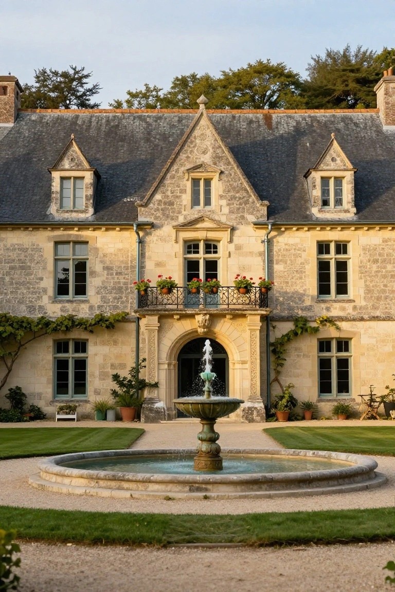 Beige stone French manor house with slate roof, dormer windows, balcony with flower pots, arched entry door flanked by ivy-covered walls, and circular stone fountain in gravel courtyard with lawn edges.