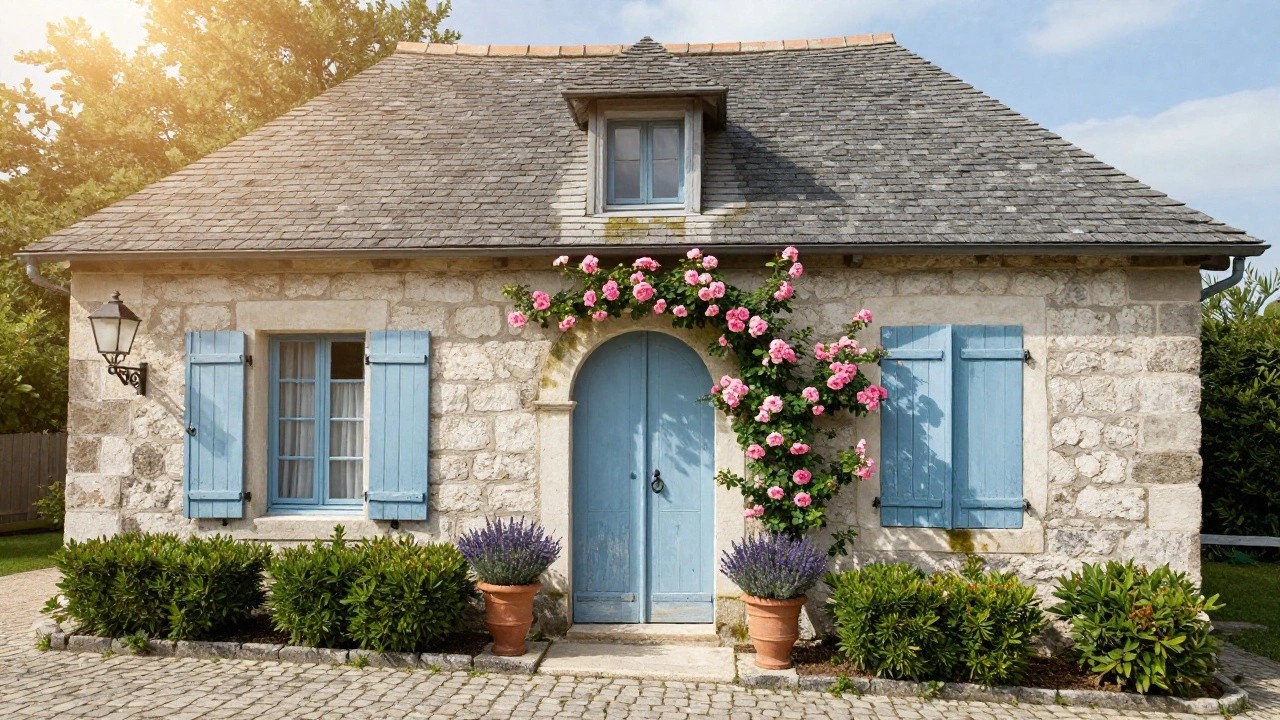 Stone French country cottage exterior with arched turquoise blue double doors, matching blue shutters on window holding pink geraniums in terracotta pot, potted lavender plants flanking entry steps, black metal lantern light, and cobblestone path.