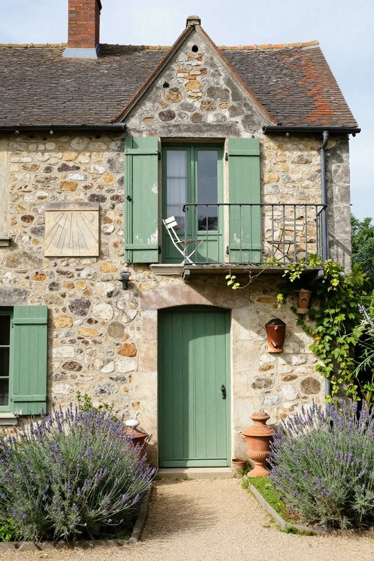 Stone French country house facade with mint green wooden door and shutters, small iron balcony above, lavender bushes and terracotta pots flanking a gravel path to the entry.