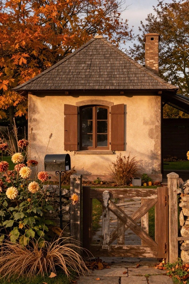 Beige stucco cottage with dark wooden shutters on a single window, steep slate roof, stone chimney, black mailbox, and weathered wooden gate in front of autumn dahlias, pampas grass, and stone wall.