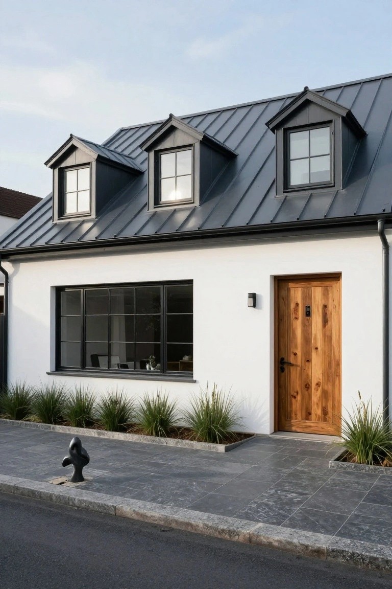White stucco house facade with dark gray standing-seam metal roof, three black-framed dormer windows, large black-framed window, wooden front door with handle, potted plant inside window, ornamental grasses in beds, and slate tile entry path with metal bollard.