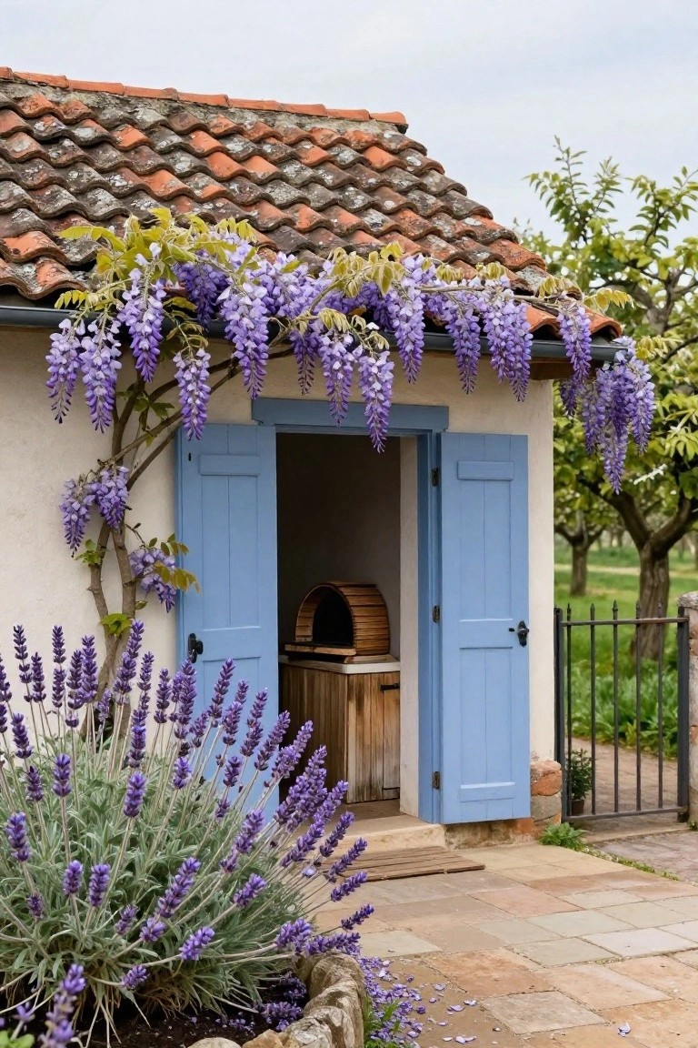 Small white outbuilding with terracotta tile roof covered in purple wisteria vines, blue double doors open to show a domed wood oven and wooden counter inside, lavender bushes in front, black metal gate and stone pavers nearby.