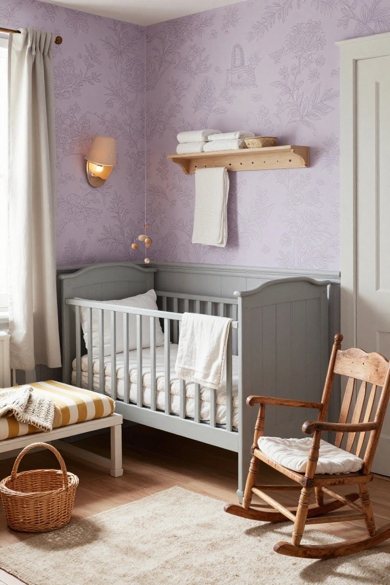 Nursery room featuring lavender wallpaper with floral and botanical patterns, gray wooden crib with white bedding, wooden rocking chair, wall shelf with towels, and wicker basket on beige rug.