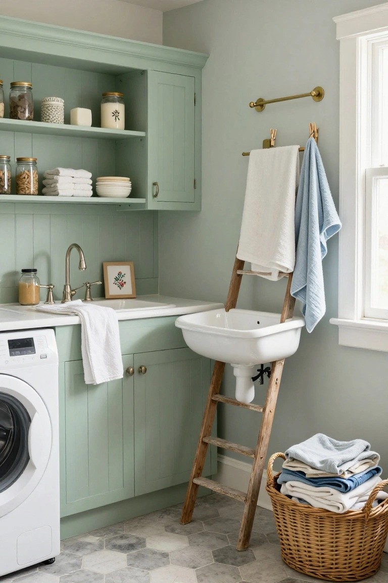 Laundry room with sage green paneled cabinets, white porcelain sink, wooden ladder rack with hanging towels, white washer, wicker basket of linens, and jars on open shelves against pale green walls.