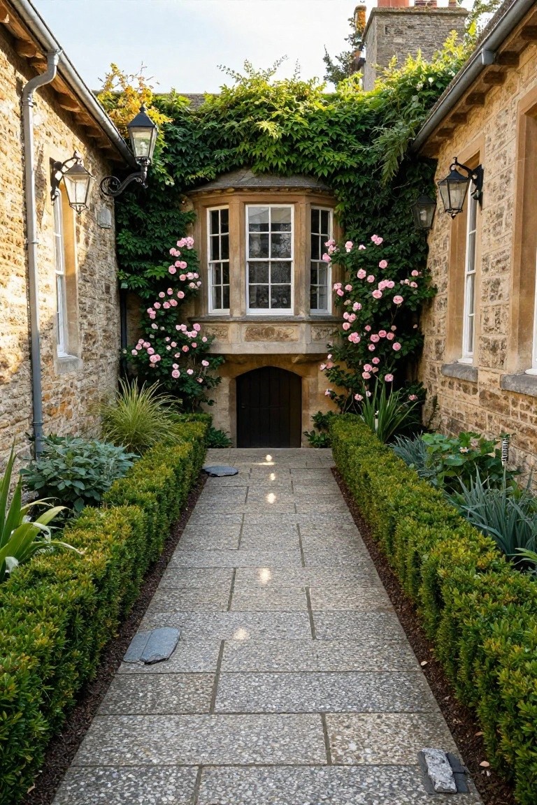 Narrow stone pathway bordered by low boxwood hedges leads between ivy-covered stone walls with climbing pink roses to an arched wooden door flanked by lanterns.