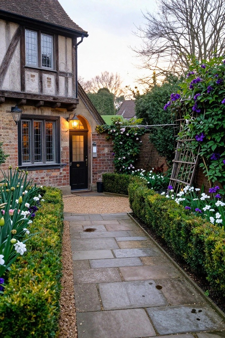 Tudor-style brick and timber house entrance with black arched door and lantern light, straight stone pathway lined by low boxwood hedges with daffodils, irises, and white flowers, purple clematis climbing trellis on brick wall, gravel mulch bordering path.