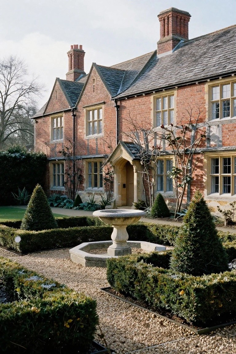 Brick Tudor-style house with gabled roofs, tall chimneys, and leaded windows, fronted by a formal parterre garden of clipped boxwood hedges surrounding a central octagonal stone fountain on gravel paths.
