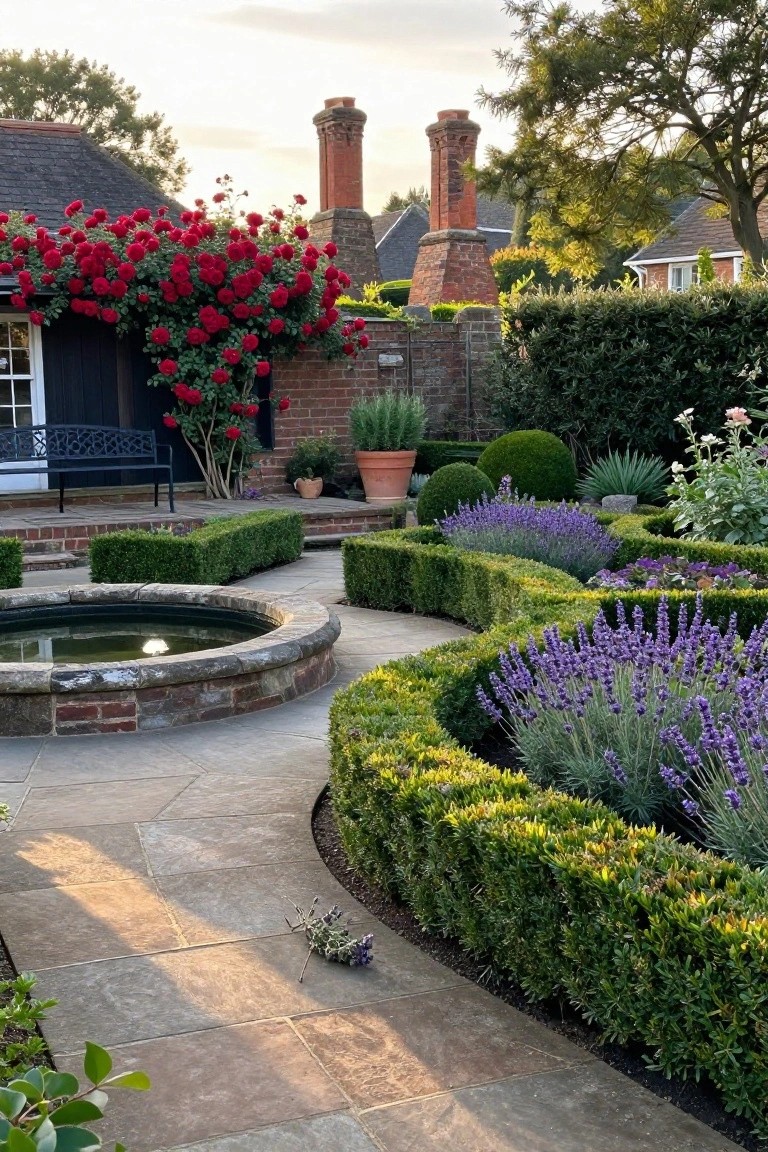 Tudor garden with clipped green boxwood hedges forming parterre beds around a circular stone fountain, lavender plantings along paths, red climbing roses on a brick wall, and a paved walkway in soft evening light.