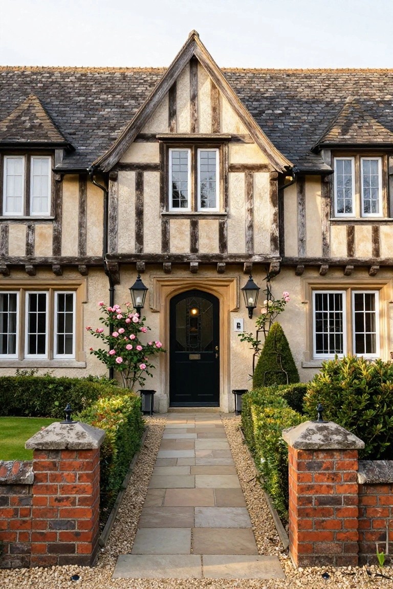 Tudor half-timbered house facade with beige plaster walls, dark wooden beams, black front door, pink climbing roses on walls, stone pathway bordered by brick piers with stone caps and low clipped green hedges, leading through a front yard with lawn and shrubs.
