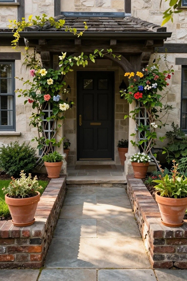 Tudor-style house entrance featuring a dark wooden archway and trellises covered in colorful climbing flowers and vines, with terracotta pots lining a stone pathway edged by brick walls.