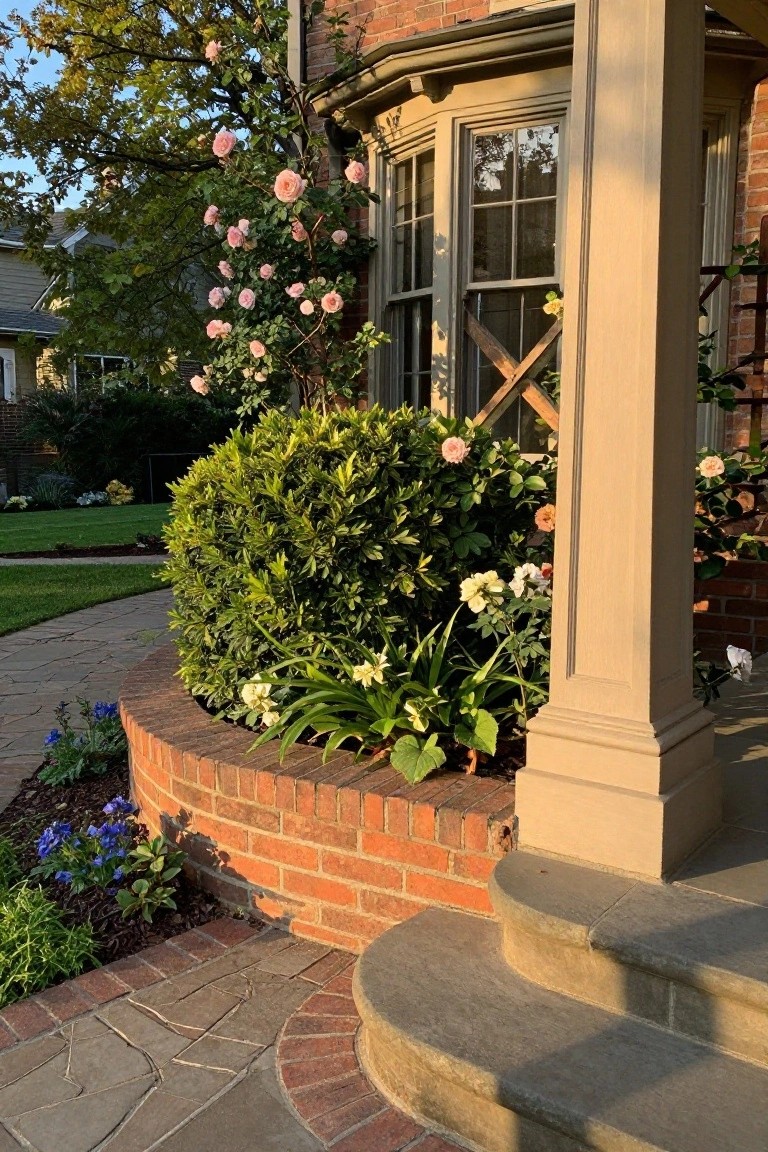 Curved low brick retaining wall forming a garden bed with dense green boxwood shrubs, pink climbing roses, white flowers, and blue delphiniums beside a stone path leading to front steps of a brick house with a porch column.
