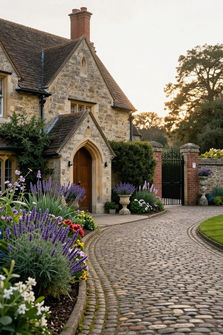 Tudor stone house with arched wooden front door, curved cobblestone path lined with lavender and flowering plants, black iron gate on brick pillars, and urns in a garden setting at dusk.