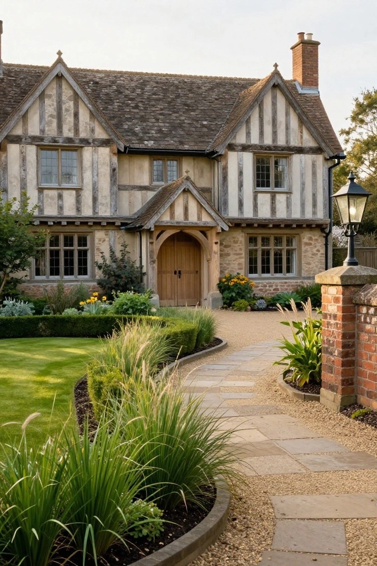 Tudor-style house with exposed timber framing and stone base, featuring a wooden arched entry door, flanked by a curved stone paver pathway through a front lawn edged with ornamental grasses, flower beds, and a brick wall with lantern.