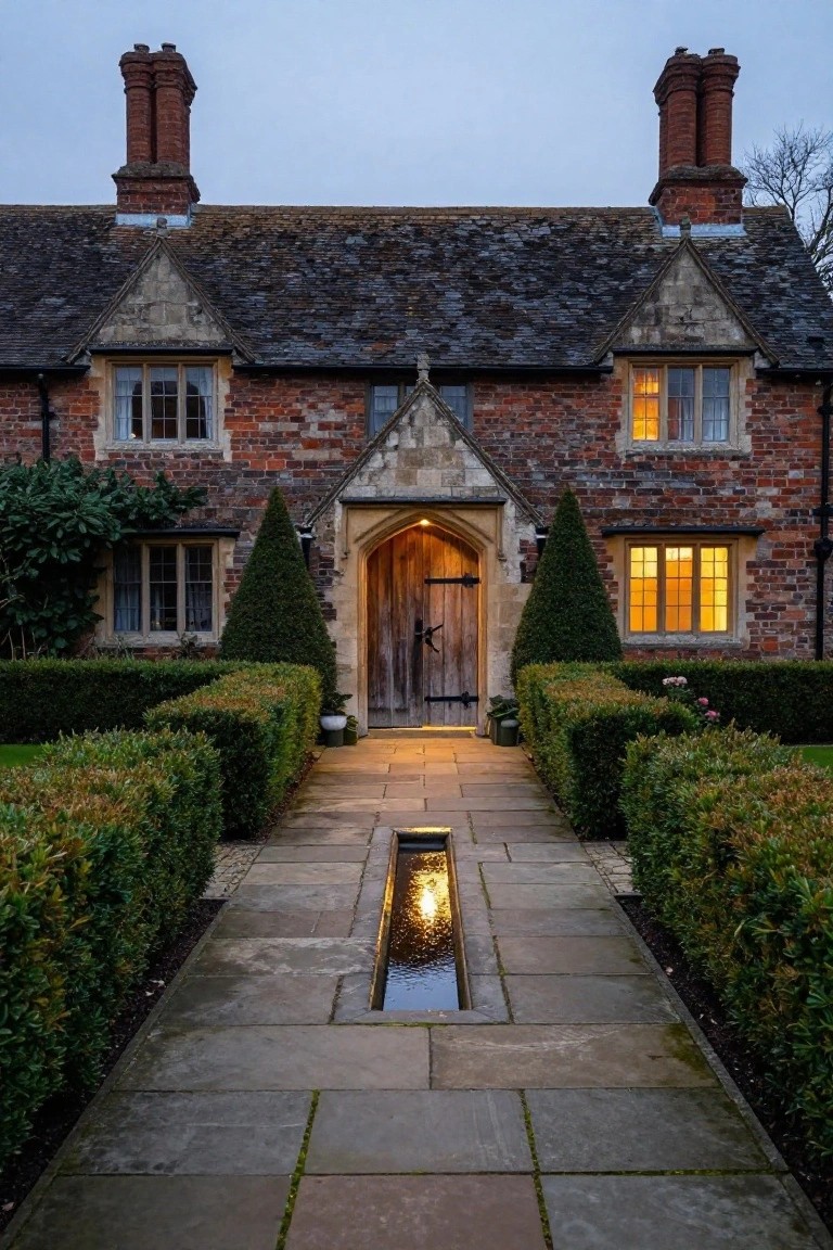 Tudor-style brick house with arched wooden front door illuminated at dusk, approached by a straight stone pathway containing a narrow central water channel, bordered by low boxwood hedges and tall topiary trees.